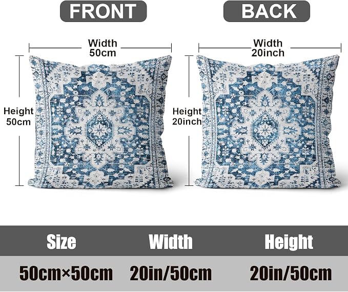 Boho Throw Pillow Covers 20x20 inch Set of 2,Soft Pillowcases Bohemia Carpet Printing Pattern Decorative Sofa Living Room Bed Square Pillow Case Cushion Cover-Blue White