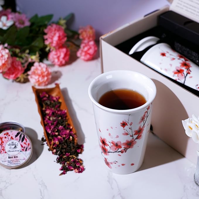 Tea Gift Set for Women - 6 Herbal Loose Leaf Tea Blends, Insulated Ceramic Cup with Infuser & Lid | Birthday, Mother's Day, Anniversary & Retirement Gift for Her