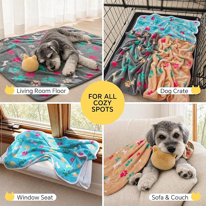 Luciphia 1 Pack 3 Blankets Fluffy Premium Fleece Pet Blanket Flannel Paw Printed Throw for Dog Cat(Medium 30x20'', Grey/Brown/Blue) | Washable Throw Blanket for Crate, Couch, Bed, Travel. Cute Paw & Bone Print. Puppy Essential, Dog Gift,Grey/Brown/Blue