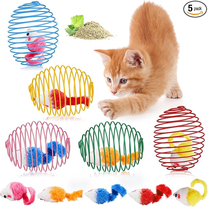 Jecery 5 Pcs Cat Toys Spring,Catnip Rats,Bright Color