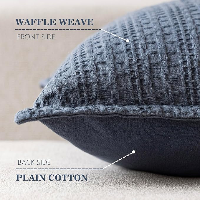 Foindtower Set of 2 Decorative Cotton Waffle Weave Throw Pillow Covers Euro Shams Cushion Covers Accent European Pillowcase for Bed Couch Sofa Bedroom Living Room Home Decor 22×22 Inch Blue