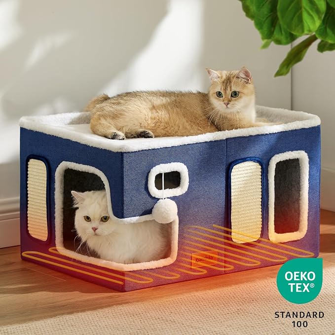 ZOMISIA Heated Cat House for Indoor Cats - Large Cat Warming Bed for Winter with Fluffy Ball Hanging and Adjustable Heating Pad, Foldable Cat Hideaway,23x16.5x13 inches, Navy Blue