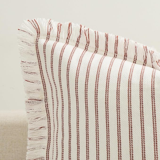 Fall Throw Pillow Covers 18x18 Set of 2 Striped Pillow Covers with Fringe Chic Cotton Decorative Pillows Square Cushion Covers for Sofa Couch Bed Living Room Fall Decor,Rust