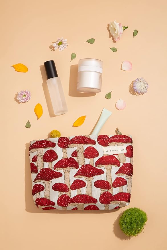 Summer Swan Mid-day Clutch - Floral Makeup Bag | Period Kit & Hygiene Bag - Cute Mushroom Red