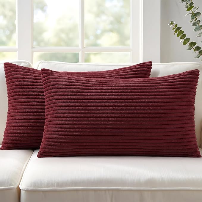 Mecatny Corduroy Decorative Throw Pillow Covers 12x20 Set of 2 Burgundy | Soft Striped Texture, Hidden Zipper Design, Neutral Boho Lumbar Pillow Cases for Sofa Couch Living Room Bedroom, Home Décor