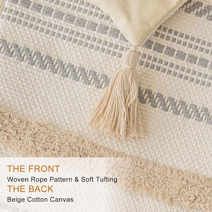 BUIOVBEY Boho Throw Pillow Covers Woven Tufted Pillow Cases with Tassels | Farmhouse Pillow Covers 12x20 Set of 2 Textured Striped Cushion Case Neutral Decorative Pillowcase for Sofa Couch Bed Khaki