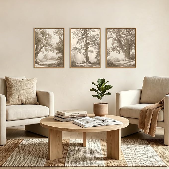 Vintage Tree Canvas Wall Art Framed Rustic Tree Landscape Sketch Antique Painting Neutral Forest Wall Decor 16x12 Inch Farmhouse Botanical Set of 3 for Living Room Bedroom