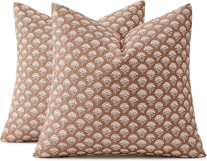 MIULEE Floral Print Decorative Pillow Covers 18x18, Almond | Vintage Boho Farmhouse Modern Home Decor, Set of 2, Block Print Cushion Covers for Couch Sofa Bed Living Room