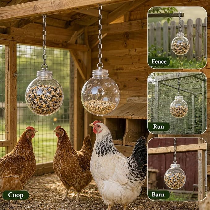 Premium Chicken Treat Dispenser Hanging Chicken Peck Toy with Chain Slow Feeding Design for Hens Poultry Coop Farm Decor 2 Pack
