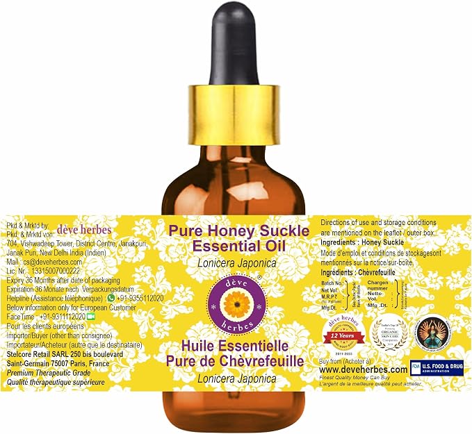 Deve Herbes Pure Honey Suckle Essential Oil (Lonicera Japonica) with Glass Dropper Steam Distilled 5ml(0.16oz)