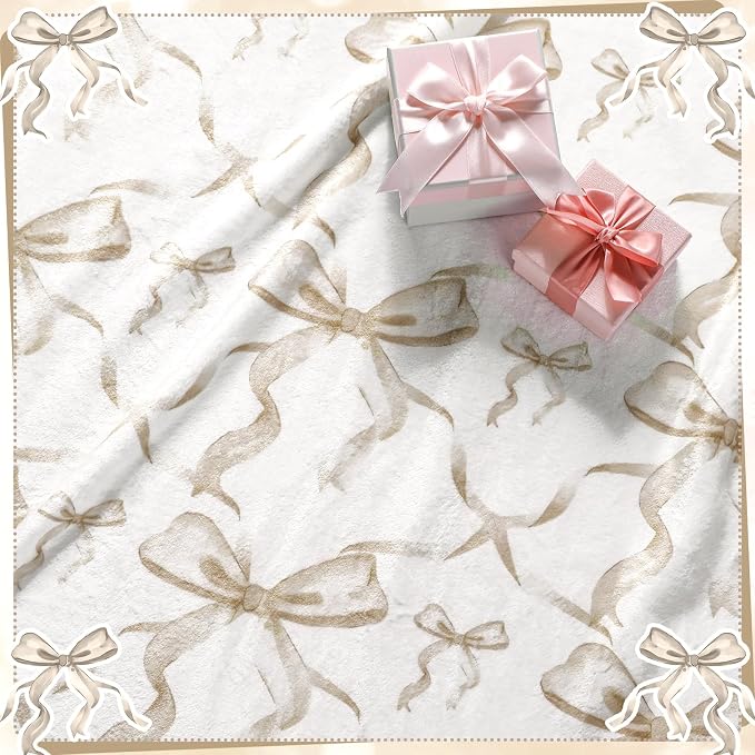 Brown Bow Throw Blanket 50"x60" Soft Flannel for Girls Women | Coquette Aesthetic Decor with Ruffled Edges, Ultra Plush Bed Sofa Blanket, Preppy Gift for Teens, Back to School Dorm Room