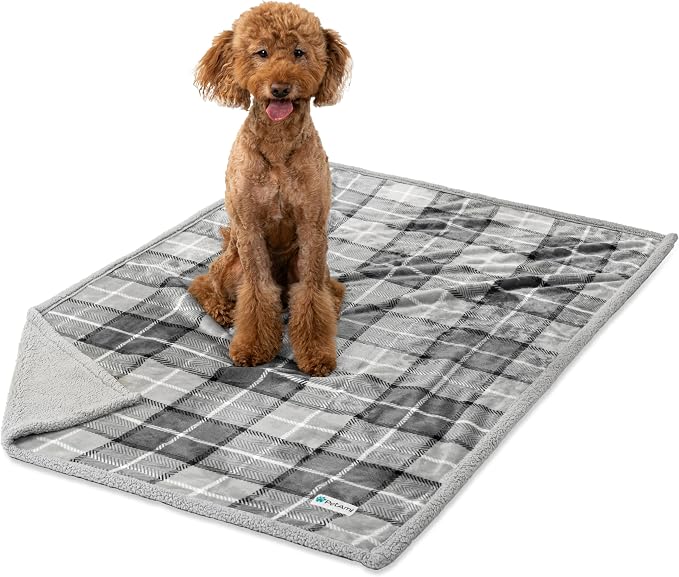 PetAmi Waterproof Dog Blanket for Large Pet Cat, 60x80, Plaid Light Grey | 460 GSM Sherpa Fleece Reversible, Pee Proof, Furniture Protector Cover for Couch Sofa Bed Kennel, Washable, Extra Large