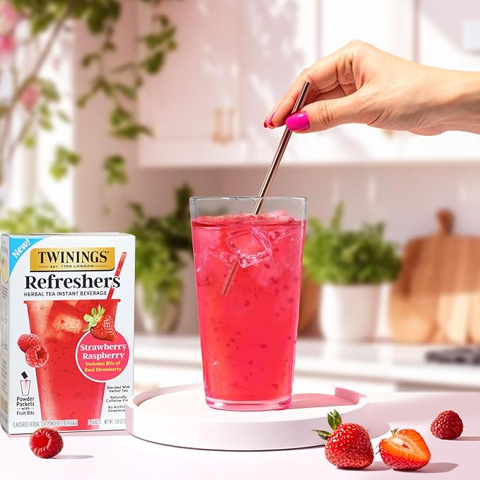 Twinings Strawberry Raspberry Refreshers, Herbal Tea Instant Beverage with Real Strawberry Fruit Bits, 5 Count (Pack of 1), Café Style, No Artificial Sweeteners, Naturally Caffeine-Free, 5 Packets