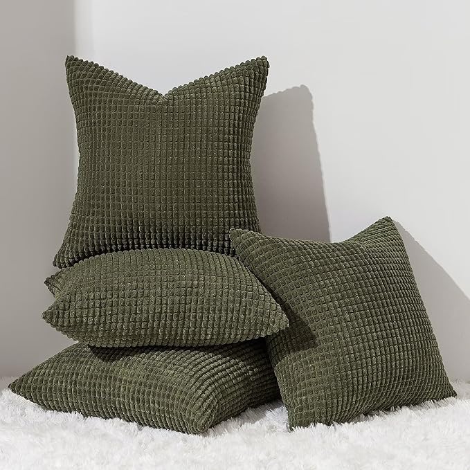 Topfinel 22x22 Inch Decorative Throw Pillow Covers Soft Corduroy Boho Stripe Textured OliveGreen Pillow Covers Set of 4 Spring Farmhouse Home Decor for Living Room Couch Sofa Bed