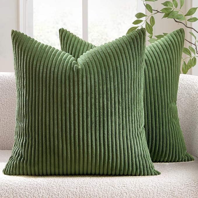 MIULEE Decorative Corduroy Throw Pillow Covers Set of 2 18x18 Moss Green | Soft Striped Textured Cushion Cases, Boho Natural Greenery Pillowcases for Home Decor, for Couch Chair Sofa Bed Living Room