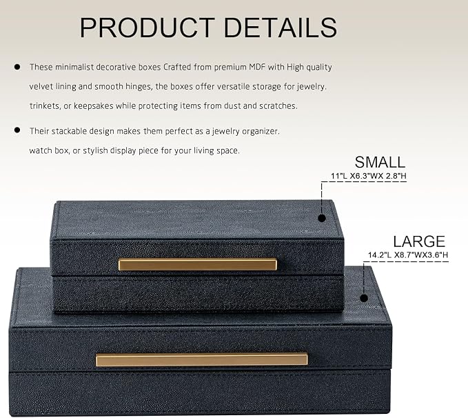 Set of 2 Black Shagreen Storage Boxes with Gold Metal Handles – Faux Leather Jewelry Organizer, Nesting Decorative Box for Photos, Memory Keepsake, Home & Office Decor
