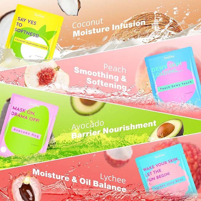 ZealSea Clean Beauty Face Masks Skincare, Minimalism 15 Ingredients Sheet Mask, Deep Hydration Facial Mask for Bouncy & Glowing, Sleepover Spa Party Supplies, Women Teen Girl Gifts Trendy Stuff, 7Pack