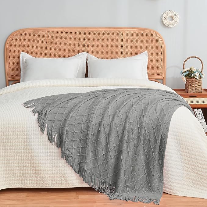 inhand Light Grey Knitted Throw Blanket for Couch and Bed, 50"x60" | Soft Cozy Knit Blanket with Tassel, Lightweight Decorative Blankets and Throws, Farmhouse Warm Woven for Men and Women