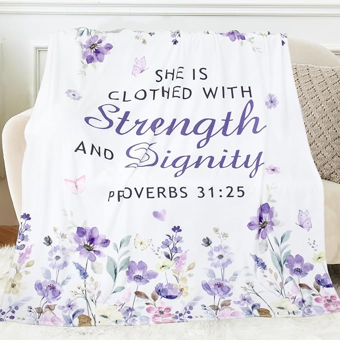 Christian Gifts Blanket Birthday Gifts for Women Throw 50"x60" | Religious Inspirational Birthday Gifts for Women, Strength & Dignity Encouraging Bible Verse Proverb Throw Blanket