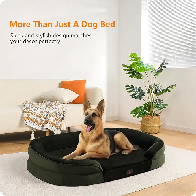 Dwanton Orthopedic Waterproof X-Large Dog Bed Sofa, Gel Memory Foam, 45" | Egg-Crate Foam Dog Sofa, Washable Pet Bed with Four Sided Bolster Cushion, Removable Cover & Non-Slip Bottom, Green