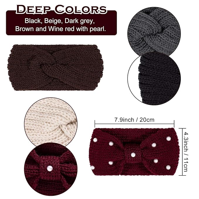 Whaline 5 Pieces Winter Knit Headbands Chunky Knit Headbands,4 Elastic Turban Head Wraps and 1 Pearl Crochet Hair Band, Ear Warmer Crochet Head Wraps for Women Girls (Autumn&Winter Colors)