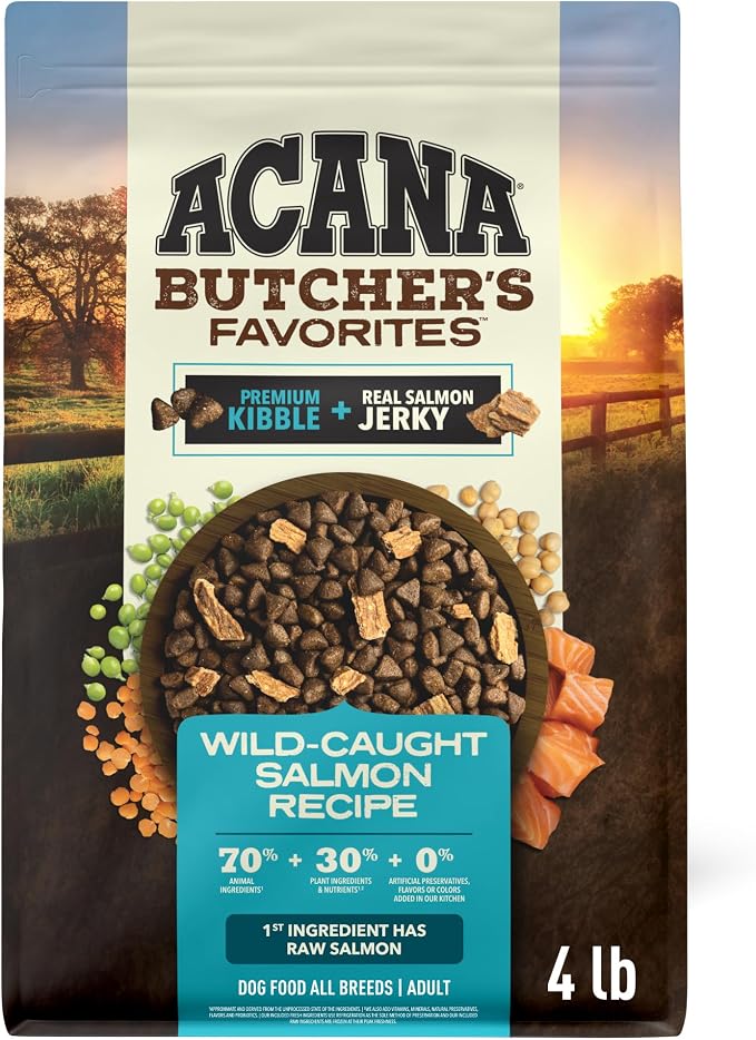ACANA Butchers Favorites Grain-Free Dry Dog Food Wild-Caught Salmon 4lb Bag | High Protein, Made in the USA, Skin & Coat, Digestive Health, Wild-Caught Fish, Real Salmon, Global Quality Ingredients