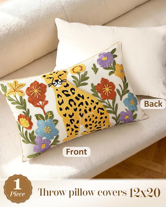 Animal Embroidered Lumbar Pillow Cover 20x12 Inch, Leopard Floral | Decorative Throw Pillow Cover, Boho Cushion Cases with Hidden Zipper, Fall Decor for Couch, Sofa, Living Room, Bed