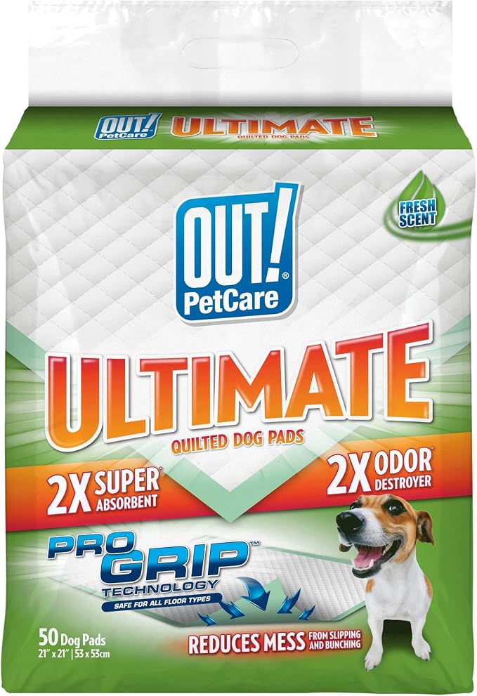 OUT! PetCare Large Dog Pee Pads, Leak Proof Training Pads, 21x21, 50 Count | Doggy Pee Pads, Leak Proof, Odor Control, Extra Absorbent, Potty Training, Housebreaking, Crate Training, Travel Use