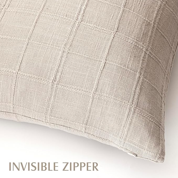 Foindtower Set of 2 Decorative Linen Check Throw Pillow Covers Neutral Farmhouse Vintage Cushion Covers Modern Boho Home Decor for Sofa Chair Couch Bedroom Living Room,22×22 Inch,Natural Linen