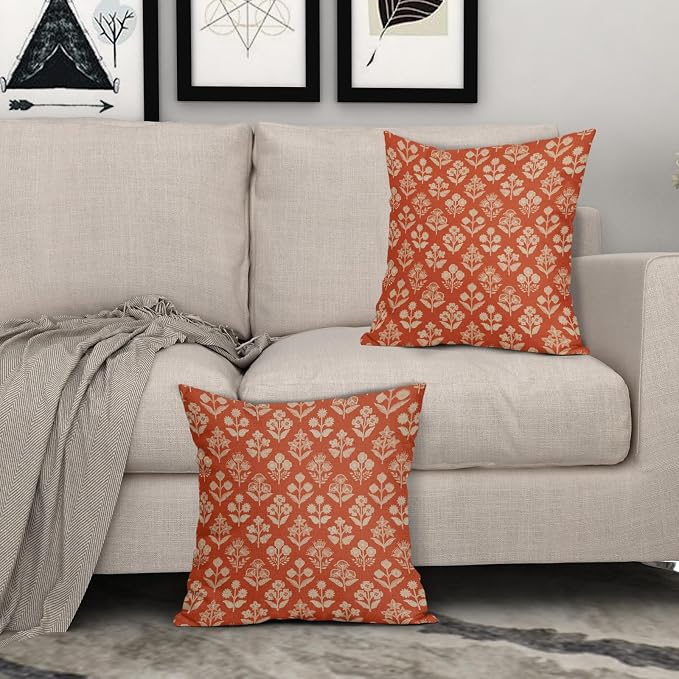 Dark Orange Floral Pillow Covers 24x24 Inch Set of 2, Vintage Flower Block Print Pattern Decorative Throw Pillowcases Outdoor Farmhouse Cushion Covers Spring Summer Rustic Sofa Couch Bed Decor