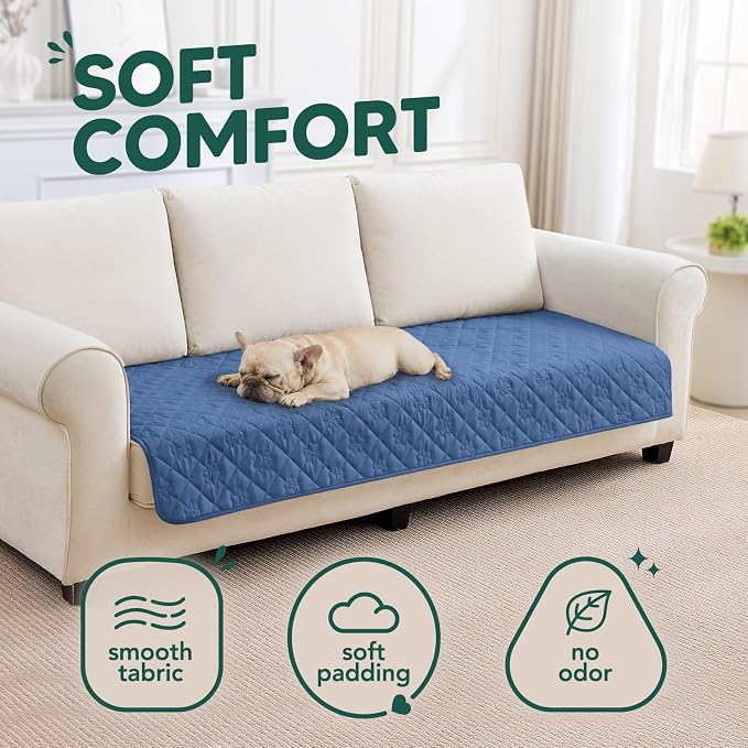 PAWFINITY Waterproof Couch Covers for Dogs, Pet Blanket for Sofa Washable | Paw Print Quilted, Hair Resistant, Anti Cat Scratch, Pee Proof Furniture Protector for 3 Seat Sofa and Bed, 30x75 Inch, Blue