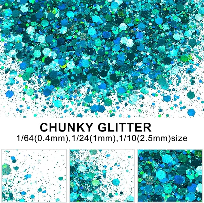 Green Blue Mermaid - Craft Glitter - 2oz Glitter Shaker Bright Colorful Holographic Mix Chunky Body Glitter Bulk Wholesale 24 Colors in Shaker Cosmetic Glitter - EBLB702