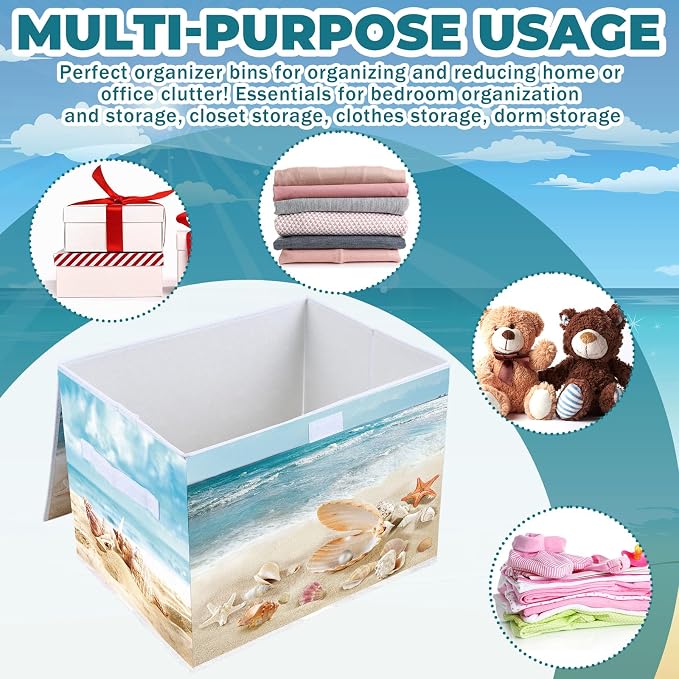 Briwooody Summer Beach Storage Bin with Lid and Carrying Handle Coastal Foldable Storage Box Large Ocean Seashell Decorative Collapsible Container Basket for Organizing Closet Home Bedroom Gift