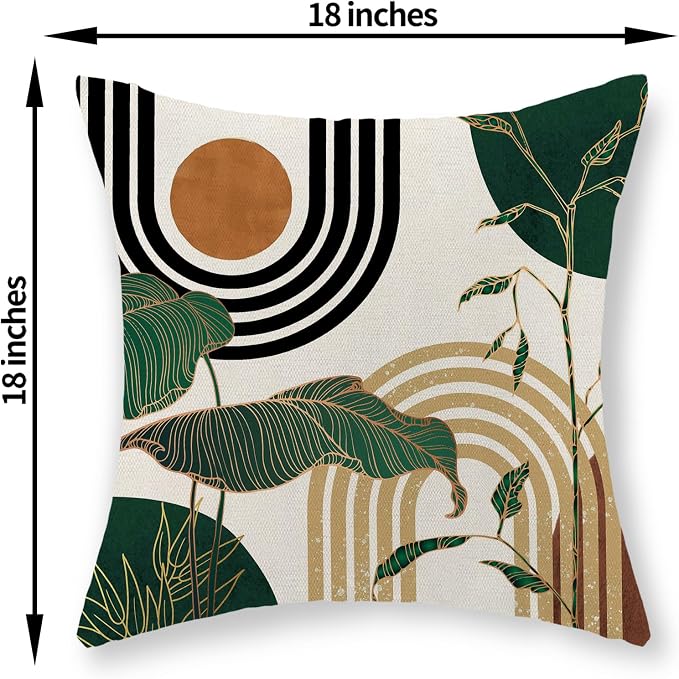 Boho Green Pillow Covers 18x18 Set of 2 Green Gold Leaf Tropical Mid Century Throw Pillows Outdoor Bohemian Modern Decorative Pillowcase Farmhouse Linen Cushion Case for Couch Sofa Decor