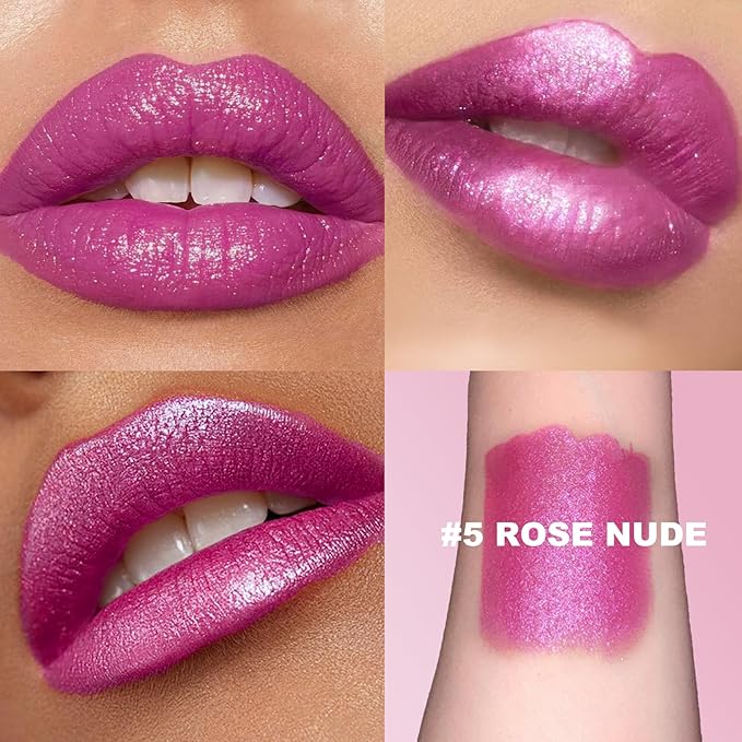 Metallic Lipstick Glitter Lip Stick Long Lasting Waterproof Shine Lip Crayon without Drying or Fading Sparkling High Pigmented Lip Stain Transfer-proof Wear Full Coverage Makeup for Women, 5