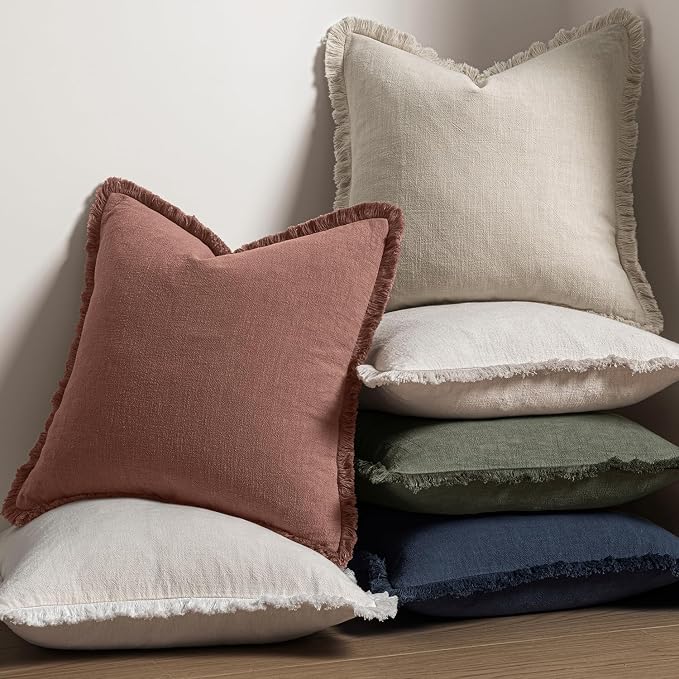 MIULEE Linen Fringe Decorative Fall Throw Pillow Covers Autumn Glaze 20x20 | Set of 2, Cottagecore Decor, Boho Farmhouse Neutral Pillow Covers, Rustic Fall Couch Cushion Cases for Sofa Bed Living Room