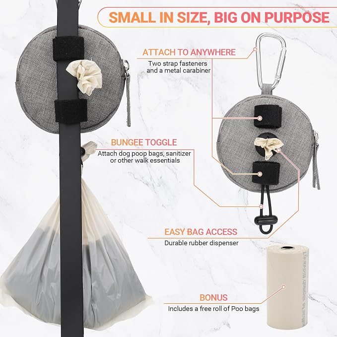 Dog Poop Bag Holder for Leashes- Dog Treat Pouch with Waterproof Zipper,Puppy Training Small Bag with Carabiner & Bungee Toggle,Two Pockets for Dry or Wet Treats-Pet Travel Walking Essentials (Grey)