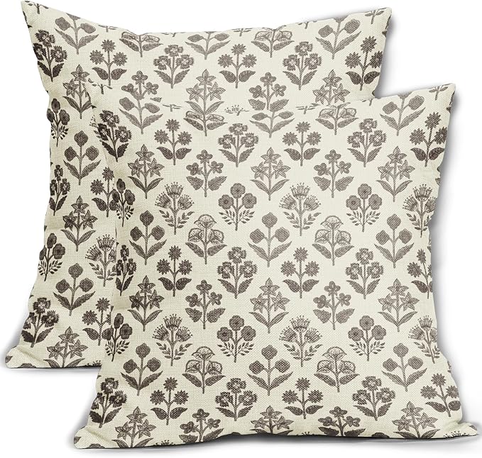 Dark Brown Floral Pillow Covers 24x24 Inch Set of 2, Vintage Flower Block Print Pattern Decorative Throw Pillowcases Outdoor Farmhouse Cushion Covers Spring Summer Rustic Sofa Couch Bed Decor