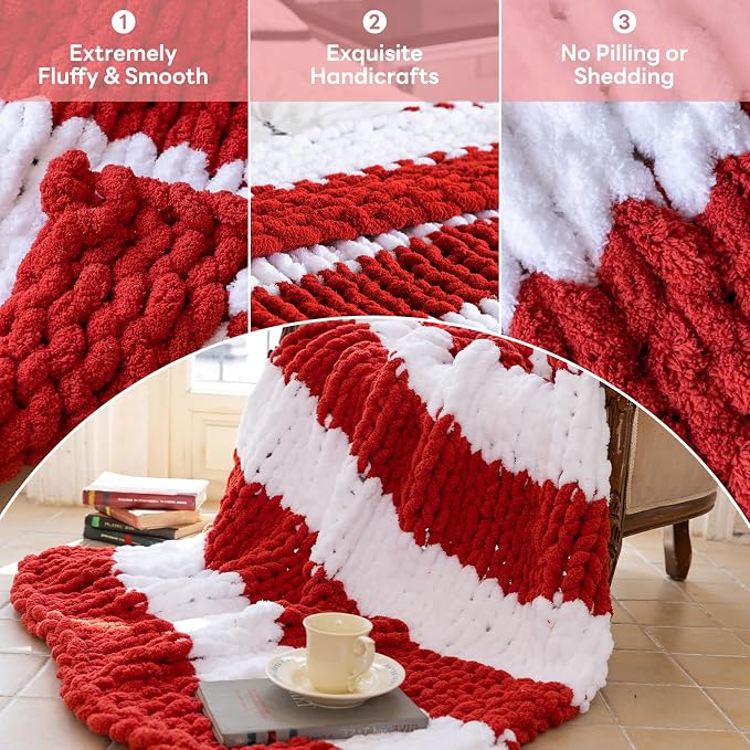 Chunky Knit Blanket - Luxury Soft Cozy 50 * 60 Throw Blanket,100% Woven Blanket Rope Knot Throw Blanket for Couch, Sofa, Home Decor, Gift - Machine Washable (White/Wine red, 50 * 60)