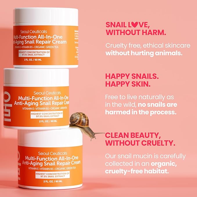 SeoulCeuticals Korean Skin Care 97.5% Snail Mucin Moisturizer Cream - K Beauty Skincare Day & Night Snail Repair Cream Filtrate Cruelty Free 2oz