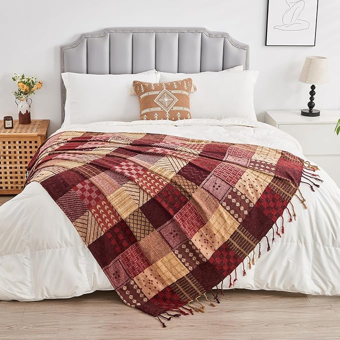 Boho Throw Blanket,Patchwork Large Blankets for Sofa Double Bed Armchair Couch,Weighted Soft Furniture Throws,Tassels Chenille Throws and Blankets for Bohemian Decor (60"*75")…