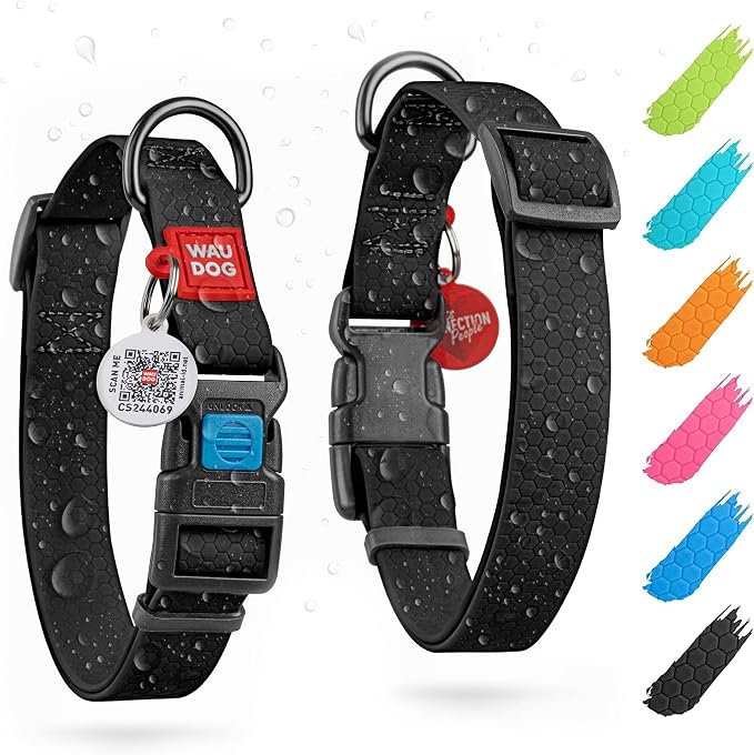 WAUDOG Waterproof Dog Collar Airtag Holder QR Tag Small Medium Large Dogs | Water and Dirt Resistant, Quick Dry QR Pet Tag Adjustable Durable Comfort for Male and Female Dogs Outdoor Walking Training
