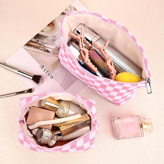 SOIDRAM 2 Pieces Makeup Bag Large Checkered Cosmetic Bag Capacity Canvas Mix Travel Toiletry Bag Organizer Cute Makeup Brushes Aesthetic Accessories Storage Bag for Women, Pink checkered