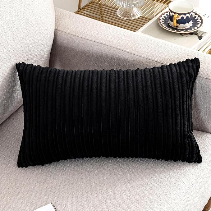 UGASA 12x24 Inch Pillow Cover Pack of 1 Soft Boho Stripe Corduroy Long Rectangular Lumbar Cushion Cover Farmhouse Decorative Throw Pillowcase for Bed, Couch, Sofa, Bedroom, Living Room, Black
