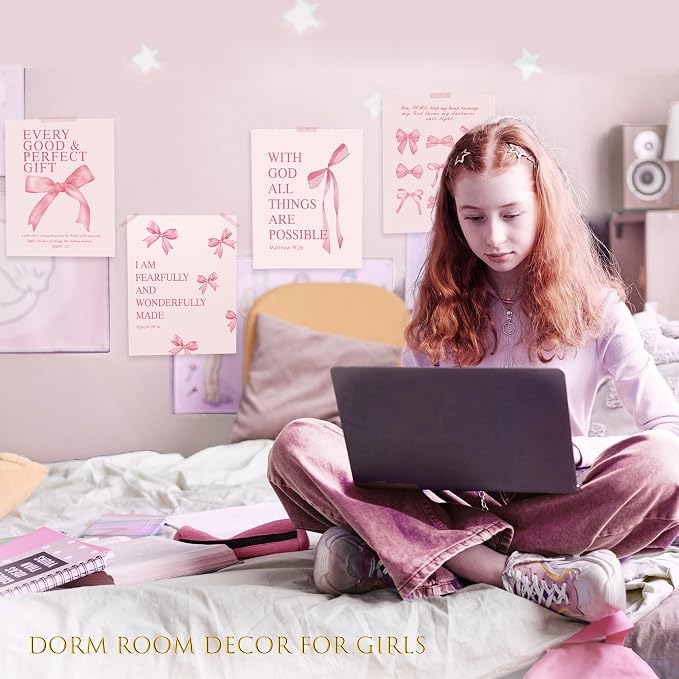 LARTSFRO Coquette Pink Bow Wall Art Decor Posters, Pink Bow Christian Room Bedroom Bathroom Dorm Wall Art Decor for College Teen Girls Kids Gifts, Inspirational Bible Verses Bow Wall Decor, 10x8 Inch Set of 4 Pcs Bow Pictures (UNFRAMED)