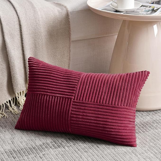Fancy Homi Burgundy Lumbar Decorative Throw Pillow Covers 22x14 Inch for Living Room Couch Bed, Farmhouse Boho Home Decor, Soft Striped Corduroy Rectangle Accent Cushion Case 35x55 cm