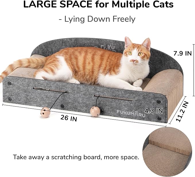 FUKUMARU Large Cat Scratcher Bed, 26 Inch Cat Scratching Bed Sofa Indoor | Cardboard Cat Scratcher with 2 Reversible Scratch Pad Refills, Durable Large Cat Scratching Lounger with Ball Toy, Grey