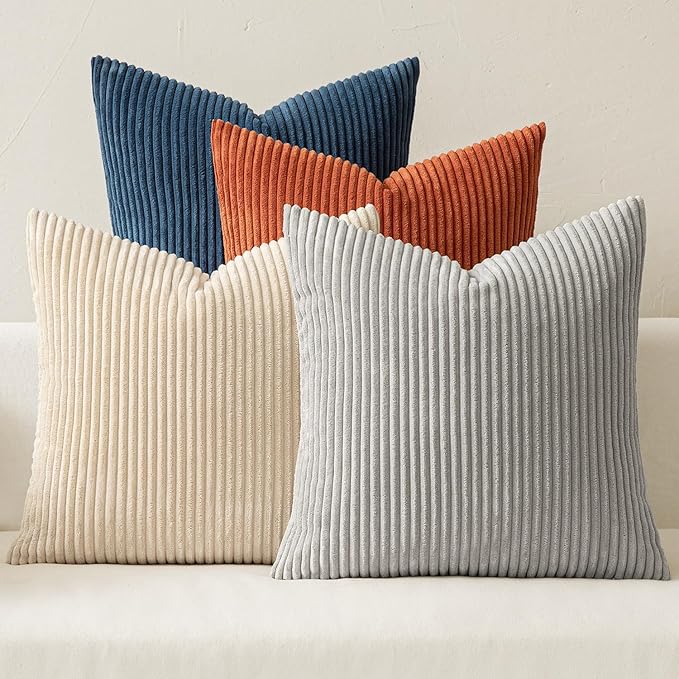 MIULEE Soft Corduroy Decorative Throw Pillow Covers Blue-Yellow 20x20 | Set of 4, Mordern Nordic Coastal Decor, Ocean Ember Set, Boho Farmhouse Cushion Covers for Couch Bed Sofa Living Room
