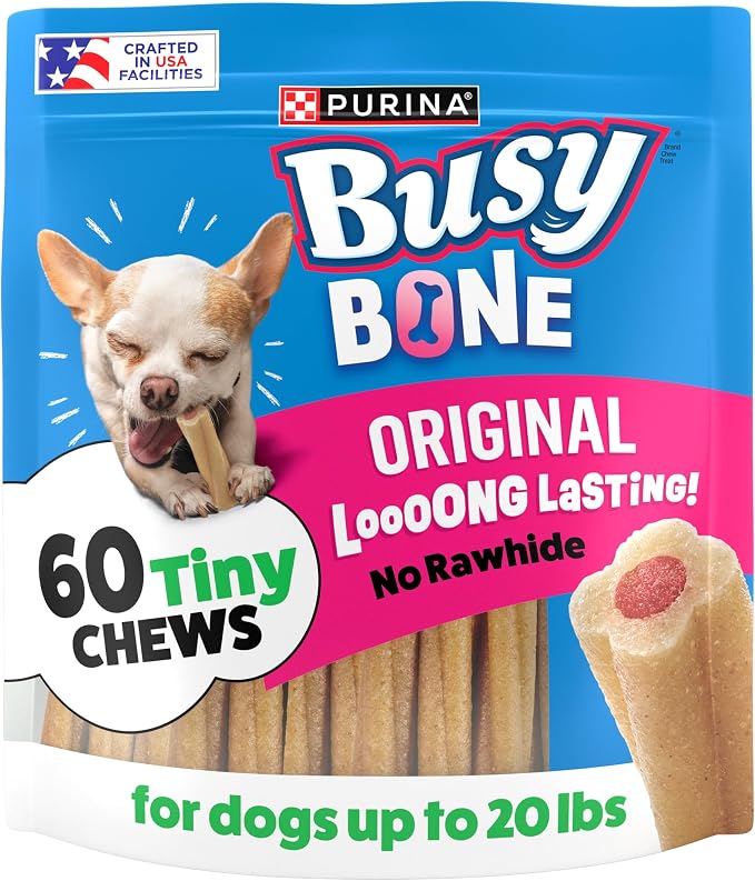 Purina Busy Bone Tiny Toy Breed Dog Chew Treats, Original, 60 ct Pouch | Rawhide free chew with a real meat center for small dogs up to 20 lbs, long lasting chew that helps clean teeth