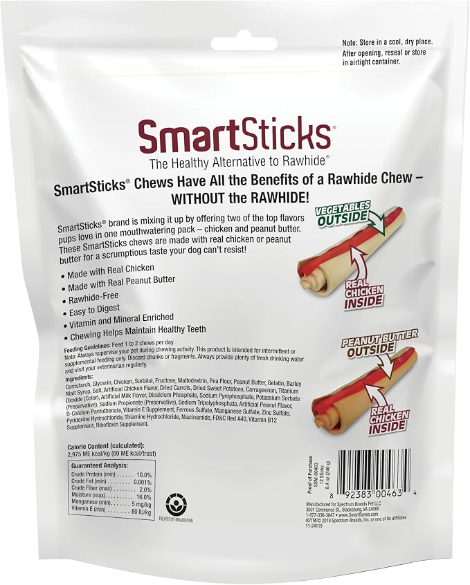 SmartBones SmartSticks, Treat Your Dog to a Rawhide-Free Chew Made With Real Meat and Vegetables | With Real Peanut Butter & Chicken, Easy To Digest Chew, Vitamin & Mineral Enriched, Supports Dental Health, For Small Dogs